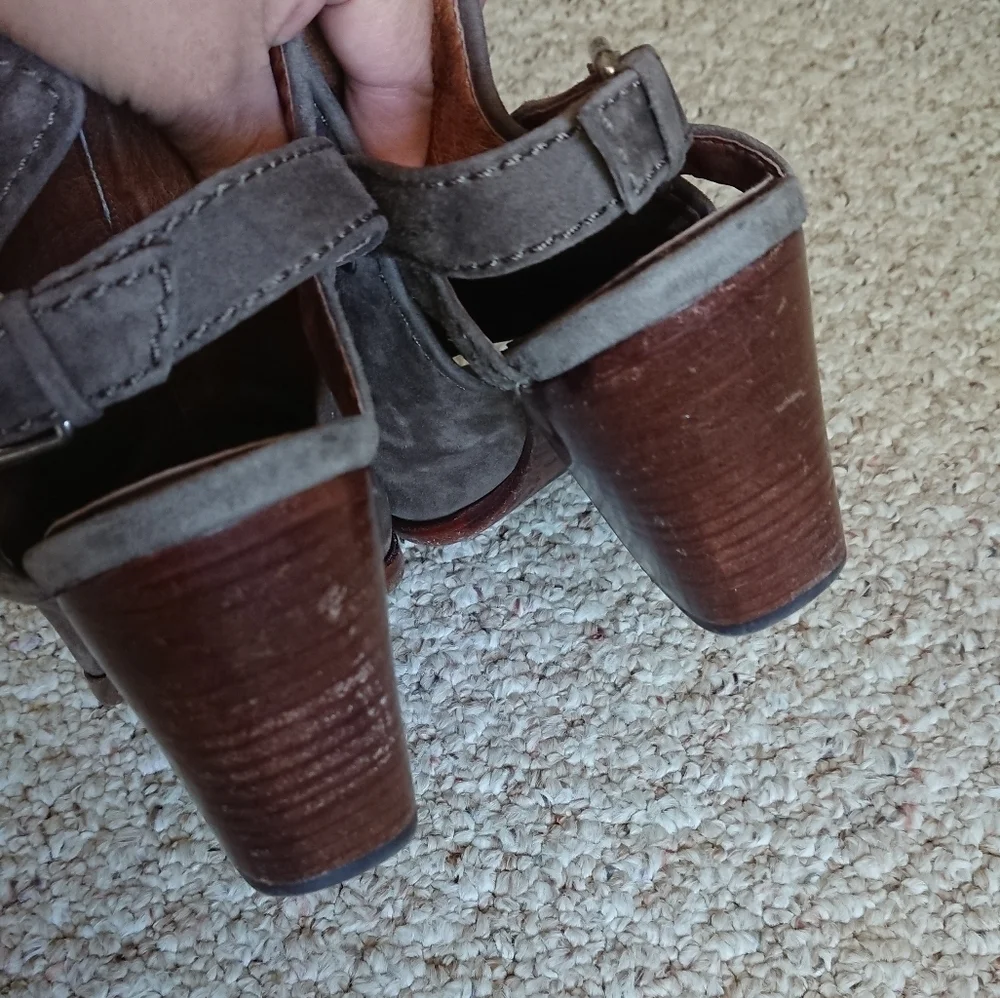 FRYE Dani Shield Sling Peep Toe Khaki Suede heels size 8.5